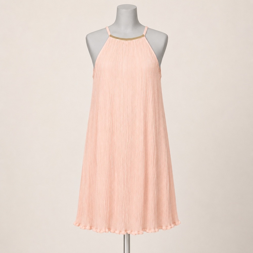 Luxology Halter Shift Dress 4 Peach Pink‎ Gold Bar Sleeveless Keyhole Crinkle